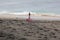 pink swan-shaped children's swimming float on the beach