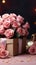 Pink table hosts Mother\\\'s Day: Rose, kraft gift box in chic arrangement.