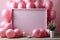 Pink table top view, birthday mockup, frame, pastel balloons