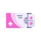 Pink tablets pack. Blister with pills in a box flat illustration