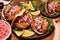 A pink taco is filled with your favorite fillings, its crispy shell and flavorful filling a delicious and satisfying meal,