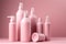 Pink tax concept with different stereotype pink colored cosmetics products on monochrome background