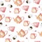 Pink tea cups, pink teapots and teabags seamless pattern. Watercolor.