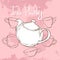 Pink tea party poster with hand drawn teapot and cups.