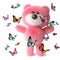 Pink teddy bear character with fluffy soft fur playing with lots of butterflies, 3d illustration