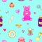 A pink teddy bear, jar of jam, coffe mug, cakes, sweets, sugar on mint background