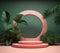 Pink texture podium mockup with stone round background, green wall, tropical leaves, palm, monstera. Generative AI