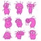 Pink Things Crazy Emoticons Set. Vector Illustration.