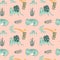 Pink tiger seamless pattern. Blue tiger on pink background, jungle leaves. Summer tropical print.