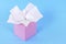 Pink tissue box, kleenex style, blue background, copy space