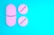 Pink Toothache painkiller tablet icon isolated on blue background. Tooth care medicine. Capsule pill and drug. Pharmacy