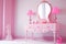 Pink toy dressing table. Plastic furniture for dolls. Generative Ai