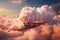 A pink train traveling through a cloudy blue sky. Smoke from the chimney of a retro locomotive