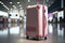 Pink travel suitcase in airport terminal. Mockup luggage.