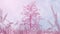 Pink tree and grass. White particles flying in air. Futuristic landscape. Abstract 3d animation.