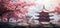 a pink tree and pagoda with tree stock footage