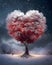 Pink tree in the shape of a heart around falling snow in winter. Heart as a symbol of affection and