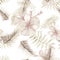 Pink Tropical Hibiscus. Brown Seamless Hibiscus. White Pattern Painting. Gray Flower Leaves. Spring Exotic.