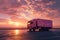 A pink truck adorned with hearts parked on a scenic road against a vivid sunset backdrop, conveying a whimsical journey.