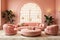 Pink tufted curved round sofa and pouf against terra cotta classic wall panels. Art deco style home interior design of modern room