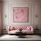 Pink tufted sofa near stucco paneling wall. Art deco style interior design of modern living room