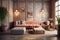 Pink tufted sofa near stucco paneling wall. Art deco style interior design of modern living room. Created with generative AI