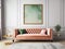 Pink tufted velvet sofa and frame on the wall. Interior design of modern living room. Created with generative AI