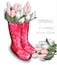 Pink tulip flowers boots. Spring background with floral and rubber footwear decors