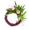 Pink tulip flowers and satin ribbon in a floral arrangement with rattan round frame isolated on white