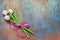 Pink tulips, a bouquet of three flowers. Artificial flowers wooden tulips