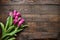 Pink, tulips bunch on dark barn wood planks background