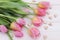 Pink tulips close up on a white background