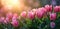 Pink tulips in pastel coral tints at blurry background, closeup. Fresh spring flowers in the garden