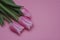 Pink Tulips on the Pink Background. Flat Lay, Top view. Valentines background. Vertical, Flowers in the Upper Part. Copy Paste.