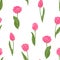 Pink tulips seamless pattern. Spring bright flowers with stems and leaves on a white background.