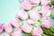 Pink tulips on the turquoise background. Flat lay, top view. Valentines background. Horizontal, copy space for text