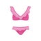 Pink two-piece swimsuit with ruffles. Women bathing suit. Stylish female clothing for swimming. Flat vector icon