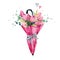 Pink umbrella with bouquet of tulips flowers isolated on white background. romantic watercolor illustration.