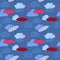 Pink Umbrellas and clouds. Outline,doodle, seamless pattern. Vector