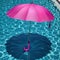 pink umbrellis floating in pool of water with shadow on the ground and a