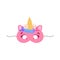 Pink unicorn children carnival mask flat vector illustration isolated on white.