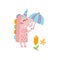 Pink Unicorn Holding Umbrella Smiling In Autumn Standing Upright Humanized Animal Character Illustration In Funky