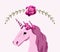 Pink unicorn pony horse with rose flowers and green leaves