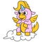 The pink unicorn sits on a white cloud in the sky, doodle icon image kawaii