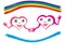 Pink valentine hearts with smiles, holding hands forming heart symbol, look at each other in love under rainbow above blue stripe.