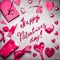 Pink Valentines day card with various greeting decoration: heats, balloons, ribbon, lock and key , diary book and handwritten text