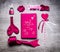 Pink Valentines day decoration tools : heart, ribbon, loop, key lock, balloon, day book with handwritten lettering Just you and my