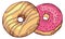 Pink and vanilla donuts. Tasty bakery color doodle