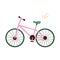 Pink vector flat bike with a green saddle on a white background.