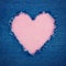 Pink vintage heart on blue denim fabric